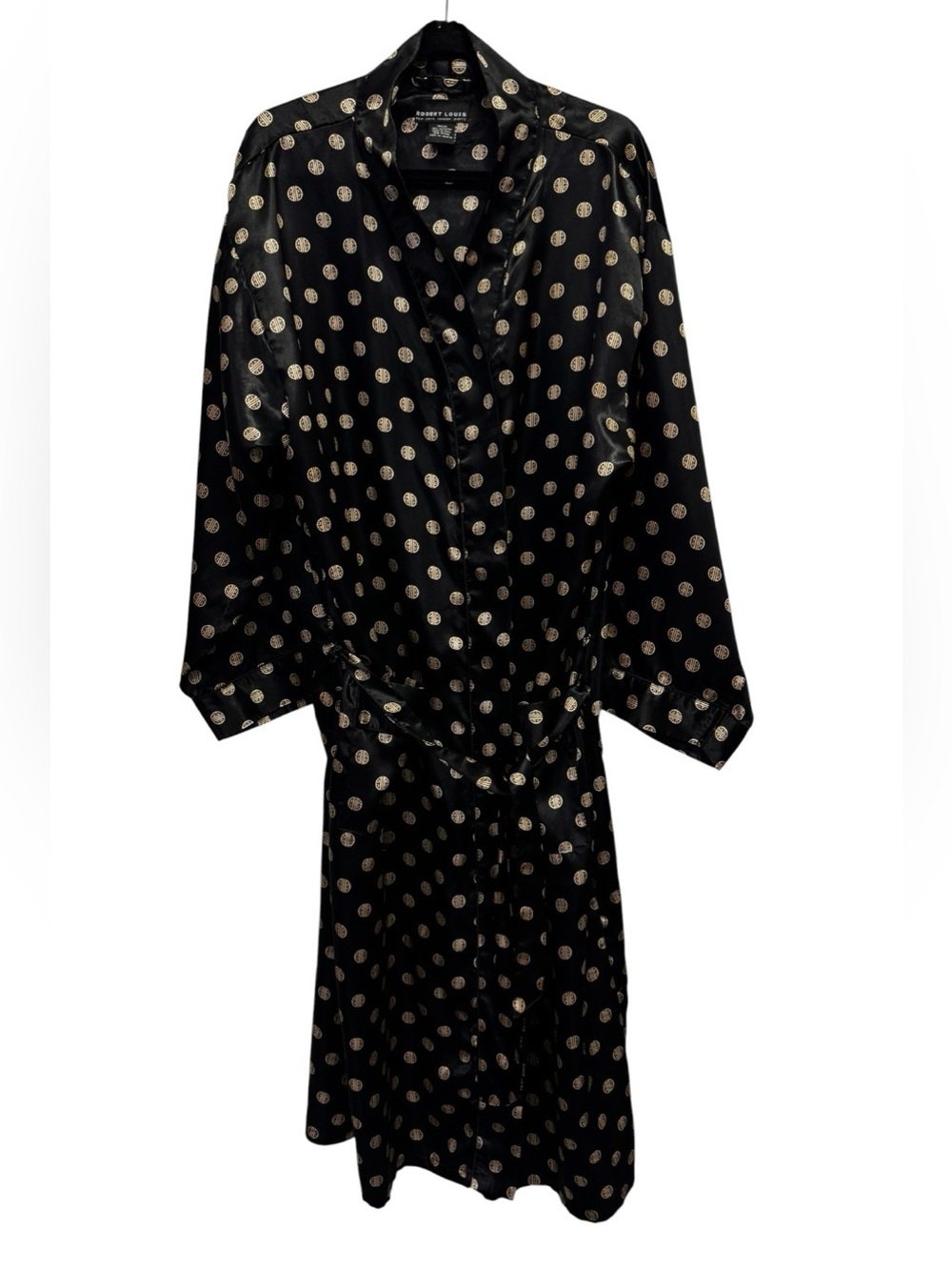 Robert Louis Men’s Black Silk Blend Robe with Gold Polka Medallions One Size